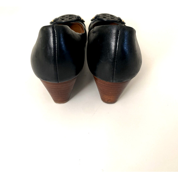 Tory Burch Mini Miller 45MM Black Wedge Pump Leather Round Toe Slip On Logo 10 M - Picture 7 of 10